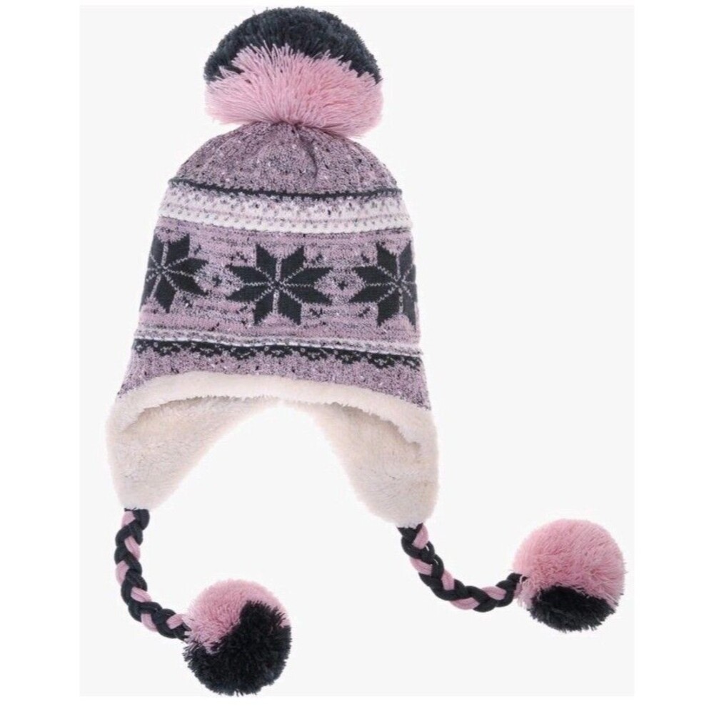 Ladies Knit One Size Pink/Grey/Ivory Rag Wool Snow Helmet Hat Cap Poms used